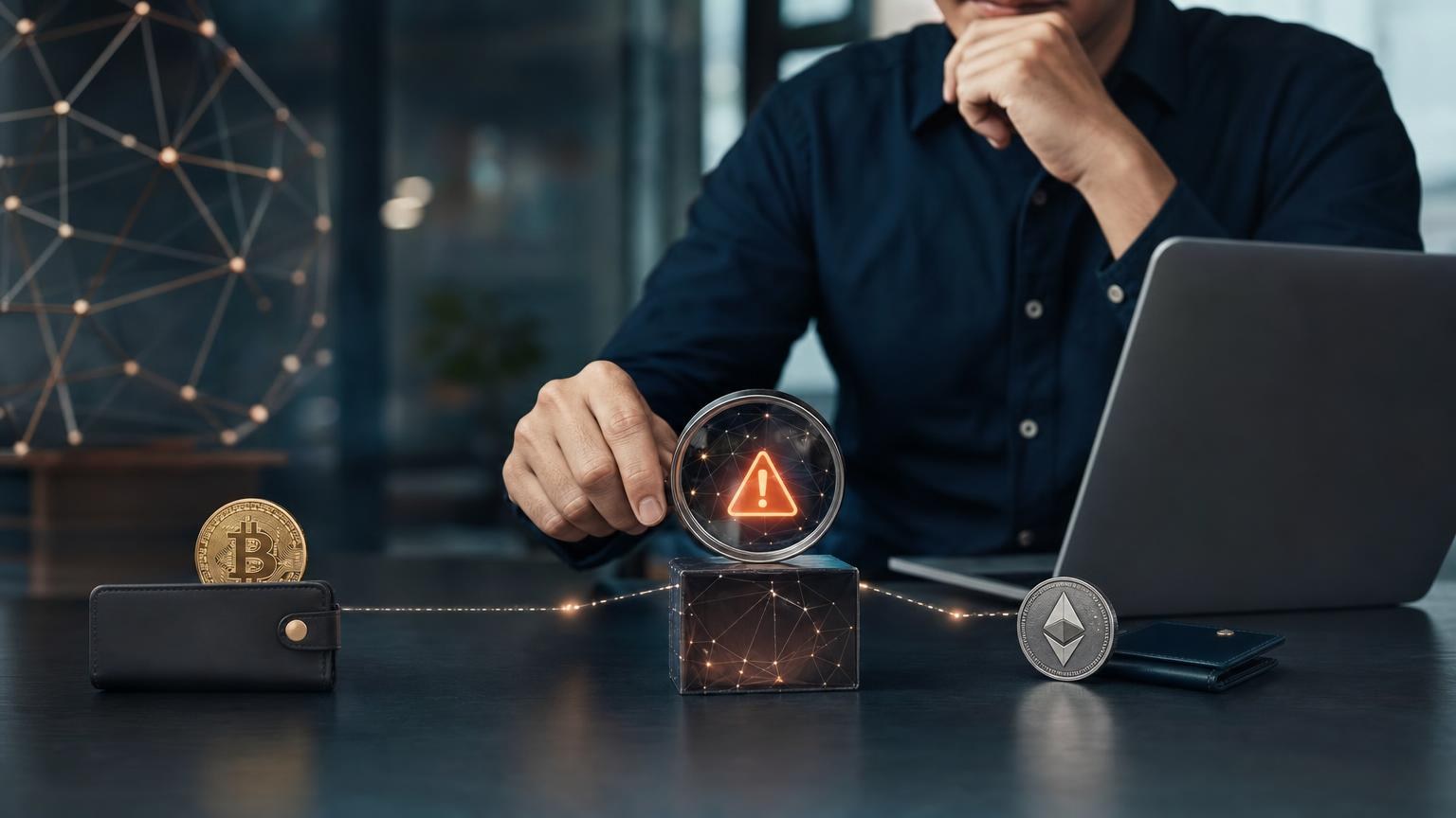 A user comparing a cryptocurrency exchange order, wallet address, asset symbol, and blockchain network before approving a transfer